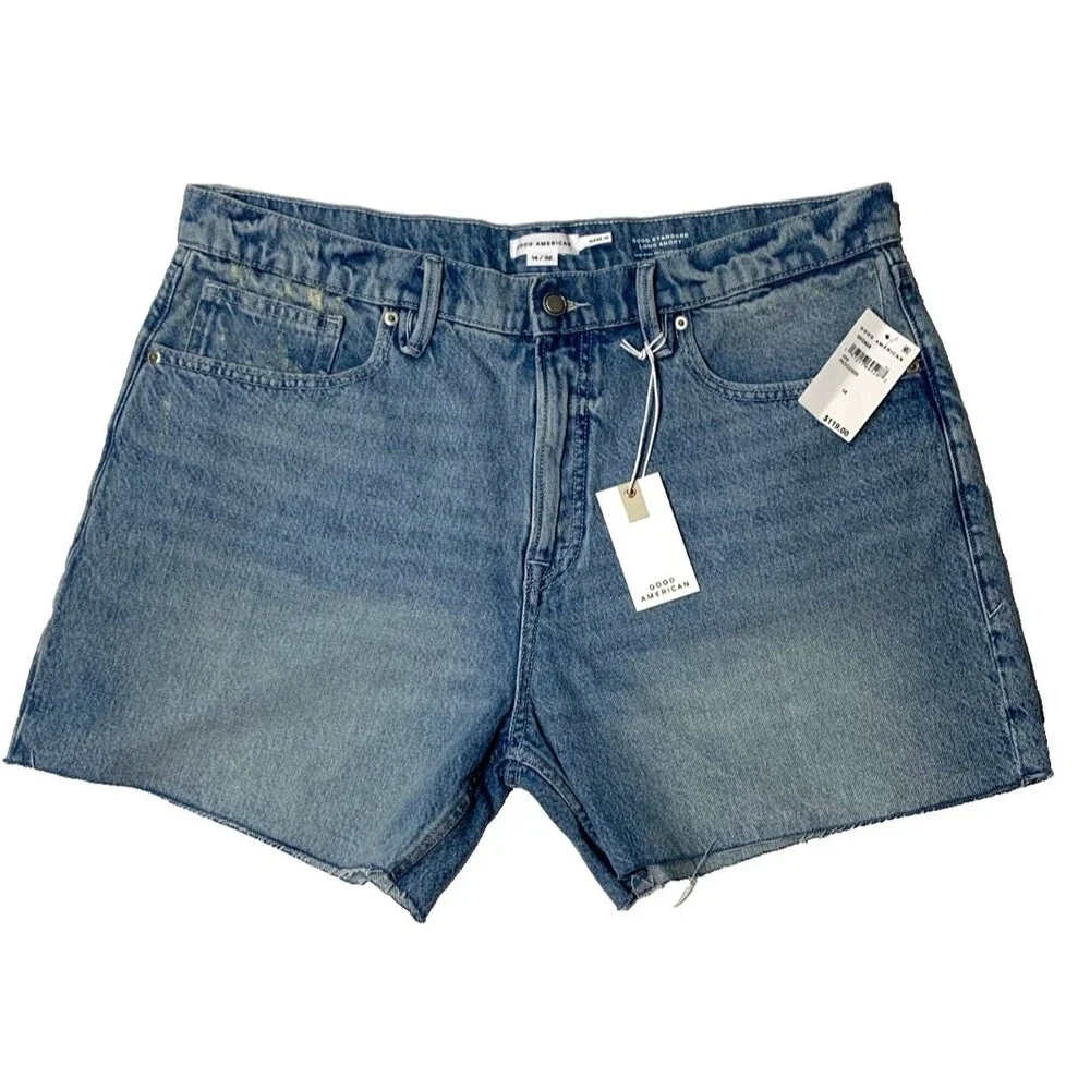 Good American Good Standard Long Denim Shorts 14 NWT Mid Rise Relaxed Cutoff